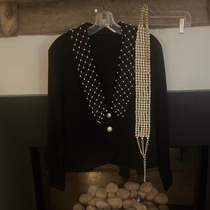 Elegant Black Women's Jacket with Pearl Accents Size 12